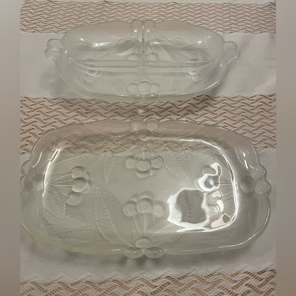 Mikasa Crystal Elegant Glass frosted clear Boutiful Cherry Design Serving Trays